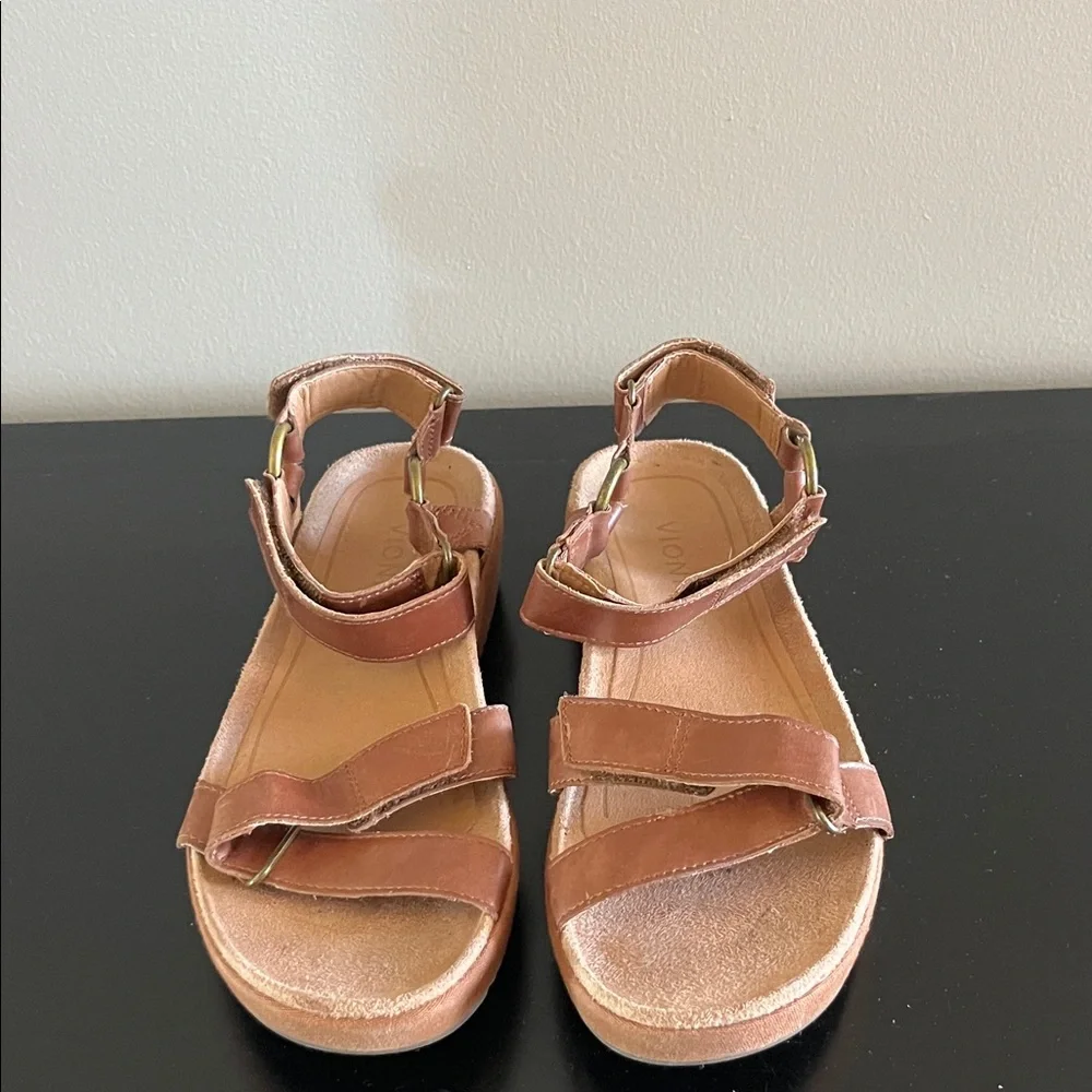 Vionic Kayan Leather Wedge Brown Leather Adjustable Strap Sandals